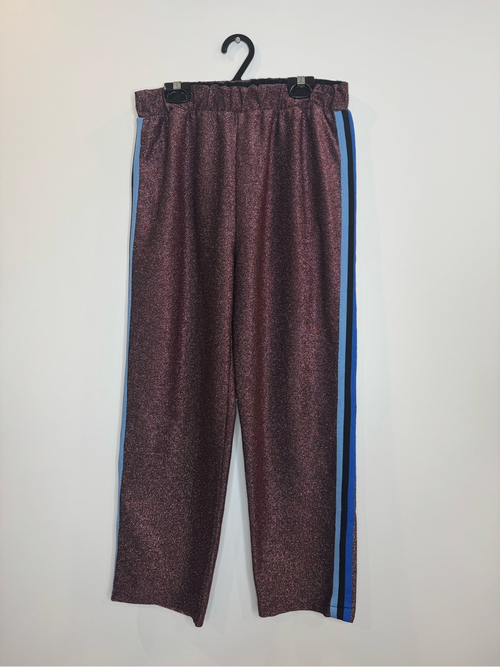 ASOS pink shimmer glitter straight legs sweat pant blue stripes side sz 4